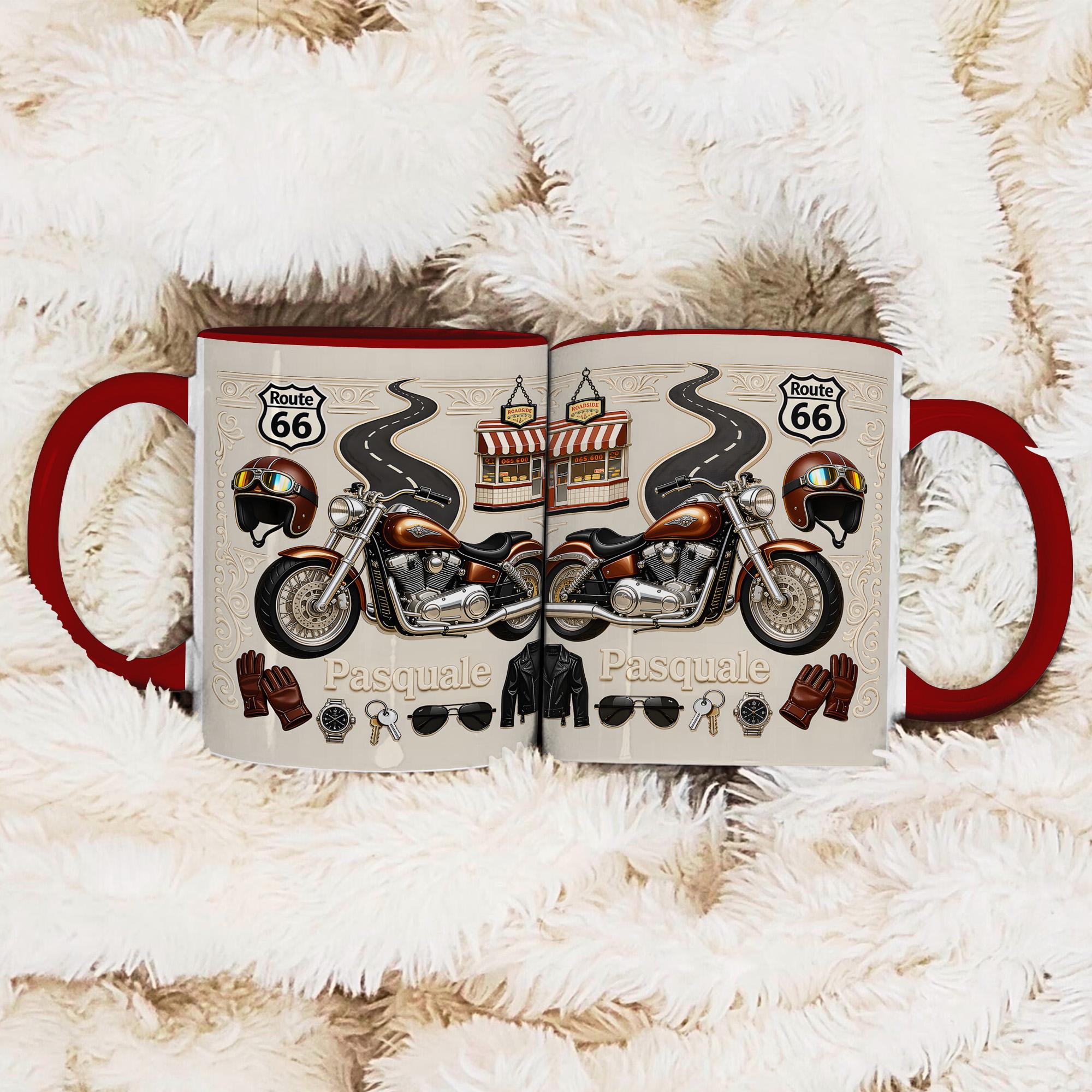 Personalized Motorcycle Mug Gift, Custom Name Biker Coffee Cup, Route 66 Bike Design, Gift for Biker Dad Husband