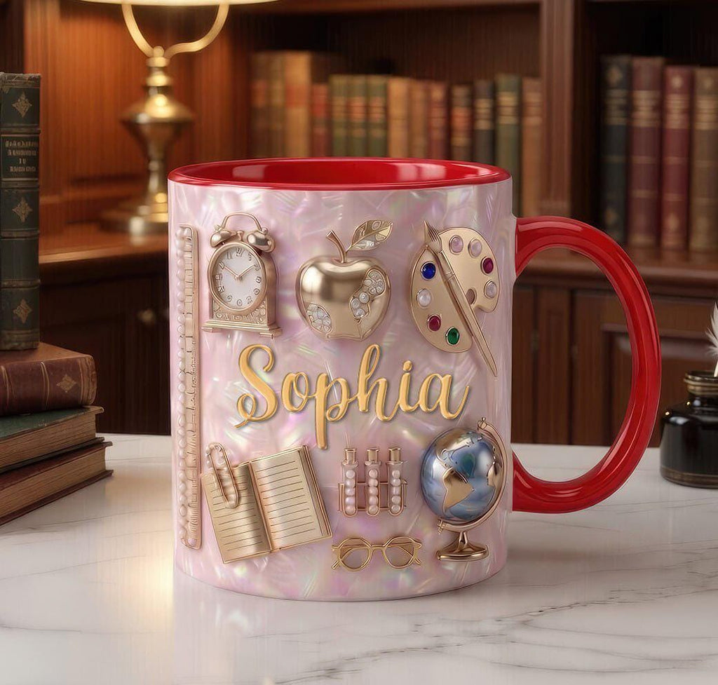 Personalized Teacher Mug with Name, Custom Teacher Coffee Mug, Cute Apple Gift for Teacher, Back to School Teacher Gift Cup, 2D Flat
