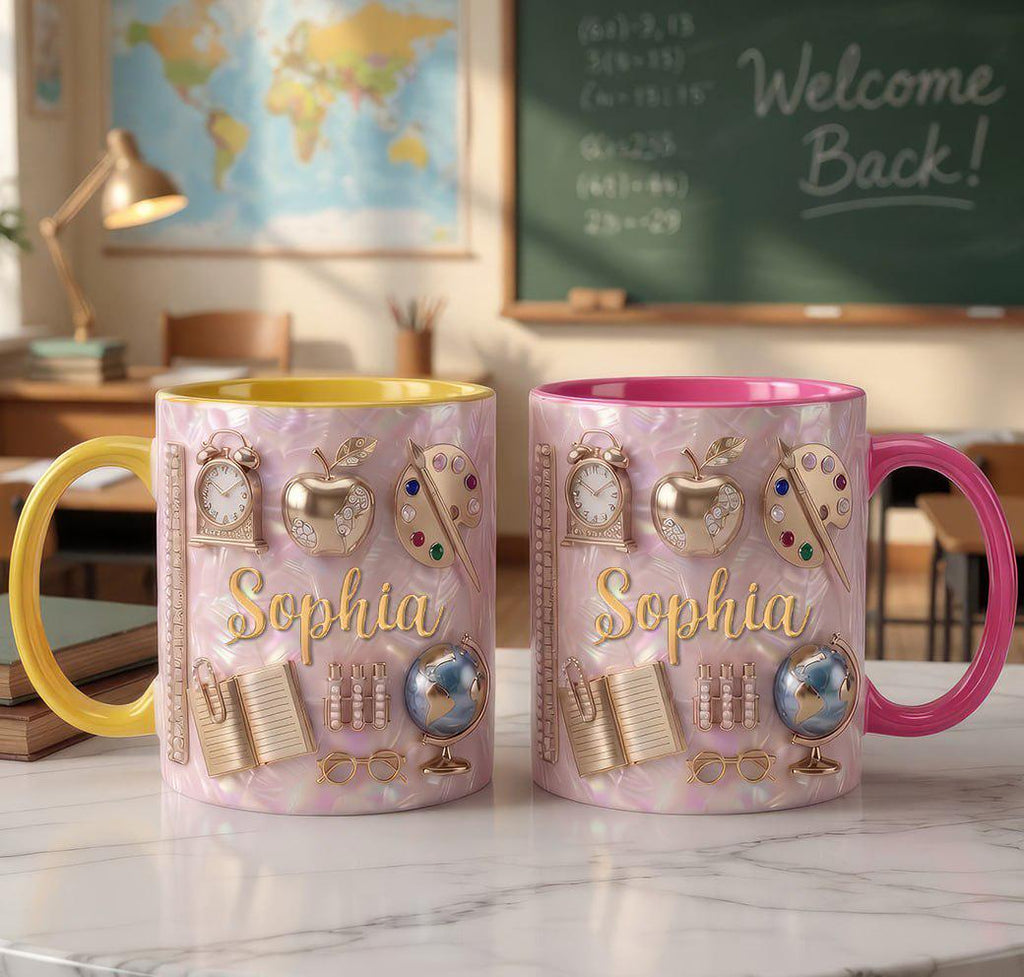 Personalized Teacher Mug with Name, Custom Teacher Coffee Mug, Cute Apple Gift for Teacher, Back to School Teacher Gift Cup, 2D Flat