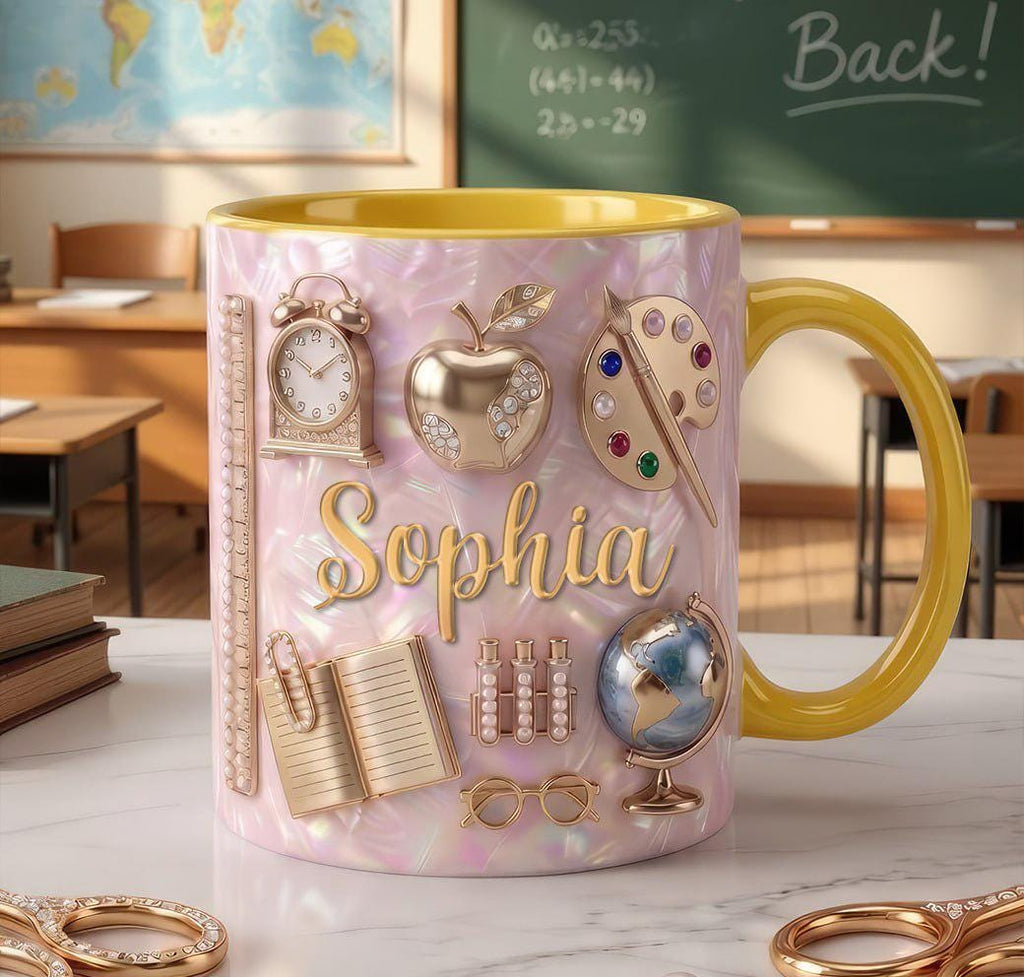 Personalized Teacher Mug with Name, Custom Teacher Coffee Mug, Cute Apple Gift for Teacher, Back to School Teacher Gift Cup, 2D Flat